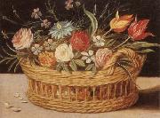 unknow artist Still life of roses,tulips,chyrsanthemums and cornflowers,in a wicker basket,upon a ledge France oil painting artist